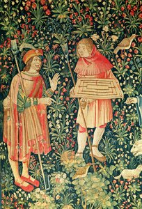 Contadino che porta una tavola di gioco della campana, da Jeu de Marelle et Cueillette de Fruits, Officina della Loira, 1510 da French School