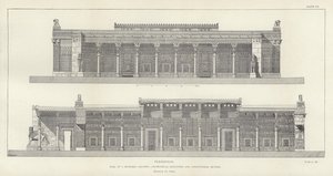 Persepoli, Sala delle Cento Colonne, elevazione geometrica e sezione longitudinale, restaurata da Ch Chipiez da French School