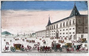 Veduta prospettica del Palazzo del Duca di Aveiro a Lisbona - incisione da French School