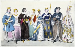 Filippo VI di Valois, Giovanna di Borgogna, Giovanni II il Buono, Giovanna di Boulogne, Giovanna di Borbone, Carlo V il Saggio, Carlo VI, Isabeau (Isabella, Elisabetta) di Baviera (1371-1435) da French School