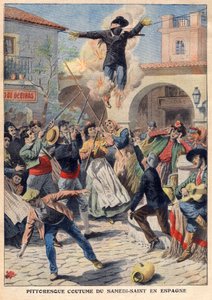 Usanza pittoresca del Sabato Santo in Spagna: la gente fa un manichino di vimini vestito di pelli (Giuda) che viene portato per le strade, inveito, sparato e bruciato - illustrazione da "Le Petit Journal" del 31 marzo da French School