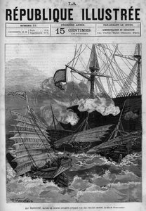 Pirati: la nave da guerra annamita "La Magune" attaccata da pirati cinesi. Un giornale. Incisione del 1880 in "La republique illustree" collezione privata. da French School