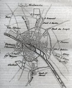 Piano di Parigi sotto Enrico III (1580) Incisione in "Histoire physique, civile et morale de Paris: depuis les premiers temps historiques à nos jours" di Jacques Antoine Dulaure da French School