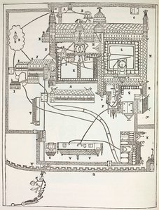 Piano del monastero benedettino di Canterbury nel XII secolo, da Vita militare e religiosa nel Medioevo di Paul Lacroix, pubblicato a Londra c.1880 da French School