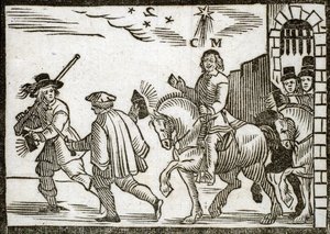 Pamphlet politico Mazarinade: Mazarin fugge da Parigi a cavallo, nel mezzo della notte, preceduto da due valletti che portano lanterne. Incisione su legno 1651 da French School