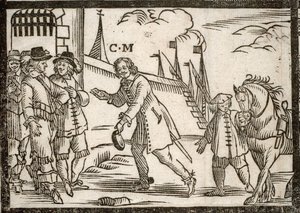 Pamphlet politico Mazarinade: Mazarin libera i principi a Le Havre, incisione su legno da French School