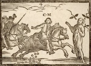 Pamphlet politico Mazarinade: Mazarin nella sua fuga lascia cadere gli scudi: l