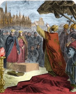 Papa Alessandro III (Orlando Bandinelli) (Alessandro III) posò, nel 1163, la prima pietra della cattedrale di Notre Dame de Paris (Notre-Dame) alla presenza del Re Luigi VII di Francia e del vescovo Maurice de Sully. da French School