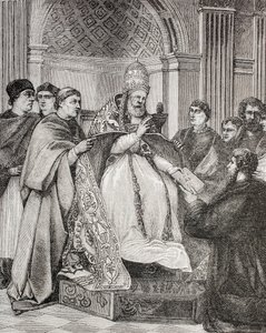 Papa Gregorio IX consegna le Decretali a un avvocato del Concistoro, da 