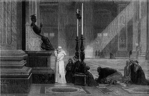 Papa Pio IX (1792-1878) prega vicino alla statua di San Pietro nella Basilica di San Pietro a Roma. Incisione da 