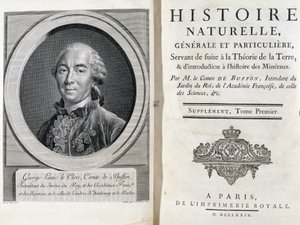 Ritratto e pagina del titolo di “Storia naturale, generale e particolare” di Buffon da French School