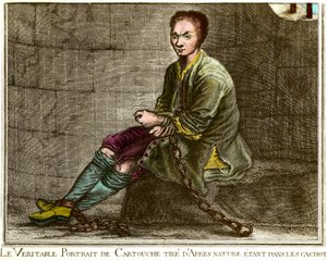 Ritratto a figura intera di Louis Dominique Cartouche (1693-1721), brigante francese nella sua prigione. Incisione del XVIII secolo Collezione privata da French School