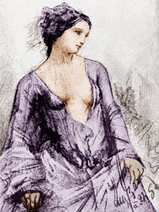 Ritratto di Apollonie Sabatier, amante di Baudelaire nel 1852, disegno, documento colorato da French School