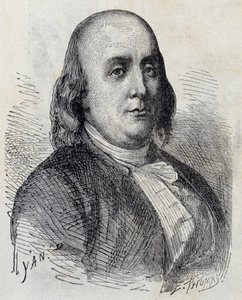 Ritratto di Benjamin Franklin (1706 - 1790), politico, memorialista, pamphlettista e fisico americano - in "Album della Scienza; studiosi illustri; Grandi scoperte" 1896 da French School