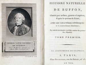 Ritratto di Buffon e la pagina del titolo di Storia Naturale di Buffon classificata per ordini, generi e specie, secondo il sistema di Linneo da French School