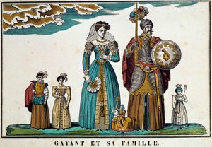 Ritratto di Gayant, un gigante che simboleggia la città di Douai, raffigurato con la sua famiglia: sua moglie, Marie Cagenon, e i suoi tre figli, Jacquot, Fillon e Binbin. Incisione del XVIII secolo, immaginario di Belfort. Collezione Ferrand da French School