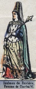 Ritratto di Isabeau (Isabelle, Elisabeth) di Baviera (1371-1435), moglie di Carlo VI di Francia. (dinastia capetingia). Illustrazione fine XIX secolo