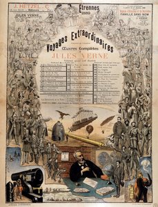 Ritratto di Jules Verne e scene delle sue opere - Poster pubblicitario per le sue opere complete