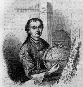 Ritratto di Pierre (Peter) Anich (1723-1766), astronomo e cartografo tirolese, con un globo e un compasso. Incisione in 