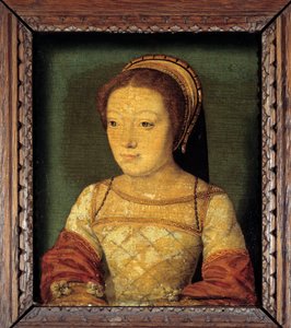 Ritratto di Renata di Francia, figlia di Luigi XII, Duchessa di Ferrara (1510 - 1575). Olio su legno, 0.16 x 0.13 m. pittura anonima. Scuola francese del XVI secolo da French School