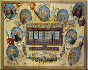 Ritratto di figure storiche e vista del caffè parigino Le Procope: Benjamin Franklin, Jean Jacques Rousseau, Voltaire, Jean D