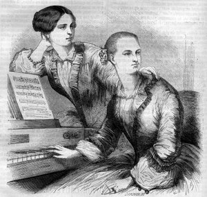 Ritratto delle sorelle Cruvelli, ballerine tedesche. Sophie Cruvelli (Johanna Sofia Charlotte Cruwell, detta) (1826-1907) e Marie Cruvelli (Friederike Marie Cruwell, detta) (1824-1868). Incisione del 1852. da French School