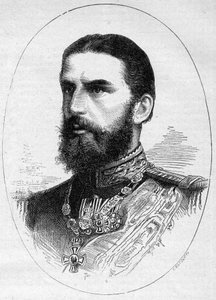 Ritratto del principe di Romania Carlo di Hoenzolern Sigmaringer (1839-1914), futuro re con il nome di Carlo I (Carol I). Incisione in "Le Monde Illustré" n.1054 del 23 giugno 1877 da French School