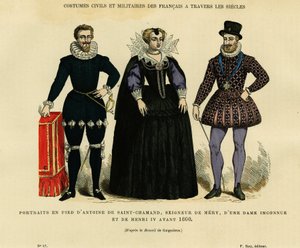 Ritratti prima del 1600, di Antoine de Saint Chamand, signore di Mery sur Oise, e del re di Francia Enrico IV (1553-1610), che circondano una donna sconosciuta. Incisione a colori dopo il disegno di Gaignieres, in “France et les francais a travers les siec da French School