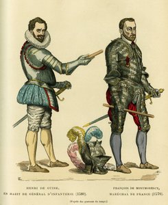 Ritratti di Enrico I di Guisa, detto il Balafré (1549-1588) in uniforme da generale di fanteria nel 1580 e di Francesco di Montmorency (1530-1579), maresciallo di Francia intorno al 1576. Incisione a colori, in "France et les français à travers les siècles da French School