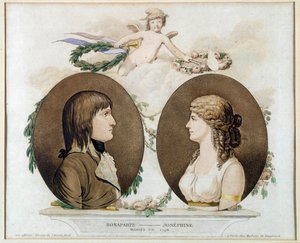 Ritratti di Napoleone Bonaparte (1769-1821) e Giuseppina di Beauharnais (1763-1814) sposati nel 1796. Acquerello anonimo intorno al 1800. Malmaison, museo del castello da French School