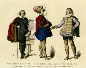 Ritratti del maresciallo di Souvre (morto nel 1626), di Roger de Saint Lary, duca di Bellegarde (1562-1646), Gran Scudiero di Francia e di Antoine de Pluvinel (1556-1605), Maestro di Equitazione di Luigi XIII (1610-1643). Incisione a colori, in “France et 
