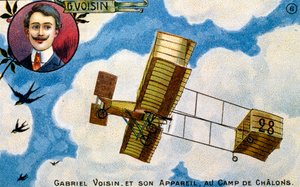 Cartolina celebrativa del pioniere aviatore francese Gabriel Voisin, primi anni del 1900 (cromolitografia) da French School