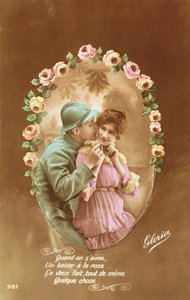 Cartolina raffigurante un soldato francese e la sua amante, 1914-18 da French School