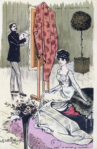 Cartolina che raffigura un pittore di ritratti alla moda al lavoro, 1910 da French School