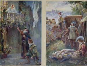 Cartoline raffiguranti Cyrano de Bergerac con Roxanne e la morte di Christian, c.1900 da French School