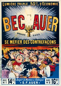 Poster pubblicitario per lampade a petrolio Becauer, stampato da Charles Verneau, 1890
