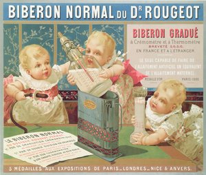 Poster pubblicitario di una bottiglia graduata progettata dal Dr. Rougeot, 1887