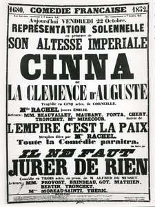 Poster pubblicitario di una performance alla Comédie-Française il 22 ottobre 1852, della tragedia di Corneille, Cinna, seguita da una recita della poesia L