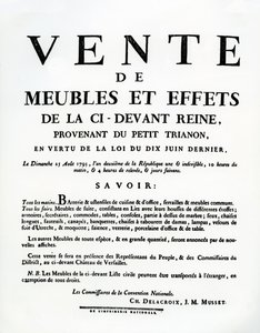 Poster pubblicitario per la vendita dei mobili e degli effetti di Maria Antonietta il 25 agosto da French School