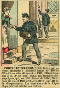 Poste e telegrafi, illustrando il buon funzionamento delle telecomunicazioni e delle Poste grazie alla Repubblica. Incisione, in 