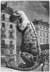 Mostro preistorico in una città moderna, inciso da Motty (XIX secolo) illustrazione da Le Monde Avant la Creation de l