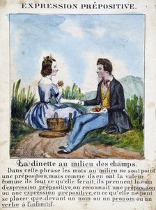 Espressione prepositiva (La dinette au milieu des champs) - libro di grammatica illustrato, circa 1850 da French School