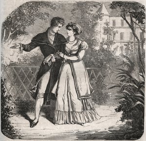 Principessa del Galles Carolina di Brunswick (1768-1821) che passeggia con il suo amante, Bartolomeo Bergami. Incisione del 1871 in "Histoire Des Cocus Celebres" di Henry de Kock (1819-1892).