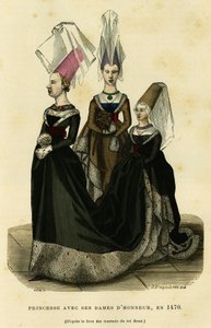 Principessa con le sue dame di compagnia, intorno al 1470. Incisione a colori dopo il libro dei tornei del re René, in “France et les francais a travers les siecles” di Augustin Challamel, F.Roy editore, Parigi 1882. Collezione Selva. da French School