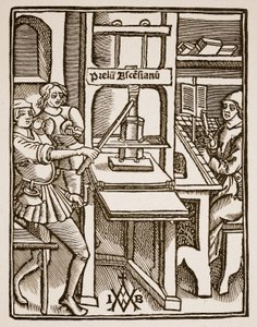 Pressa da stampa, pagina del titolo di Hegesippus, stampata da Jodocus Badius Ascensius, Parigi, 1511 da French School