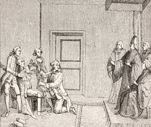 Prigioniero sottoposto a tortura con il brodequin, 1875 da French School