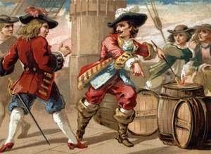 Il corsaro Jean Bart (1650-1702) minacciò un corsaro inglese che lo aveva fatto prigioniero minacciandolo di far saltare in aria la sua nave incendiando una botte di polvere. Cromolitografia della fine del XIX secolo da French School
