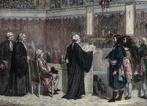 Processo di Luigi XVI: apparizione di Luigi XVI davanti ai deputati della Convenzione Nazionale (incisione a colori) da French School