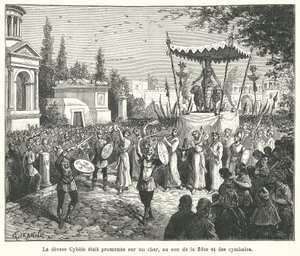 Processione del carro della dea romana Cibele, preceduta da suonatori di pifferi e cimbali (incisione) da French School