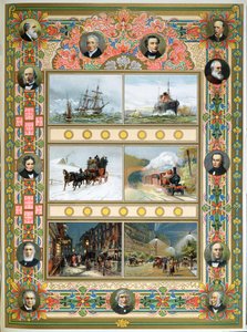 Progresso durante il regno della regina Vittoria (1819-1901). Navi a vela, navi a vapore, treno a vapore e illuminazione stradale a gas ed elettrica, 1887 da French School